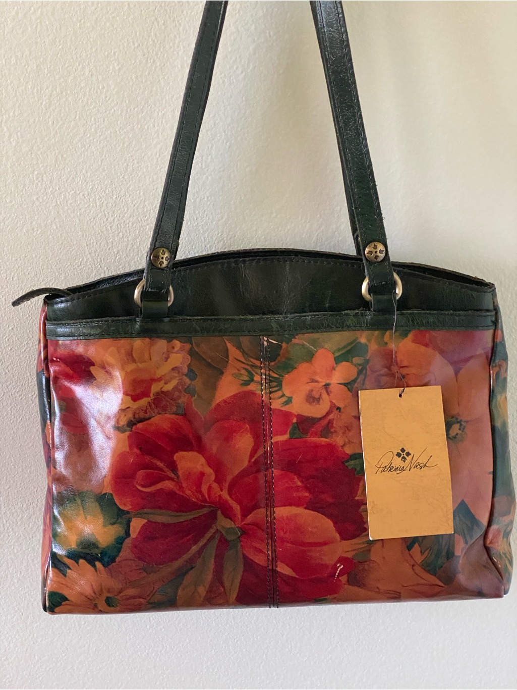 Floral Print Tote Bag With Dark Green Trim - Unknown Brand